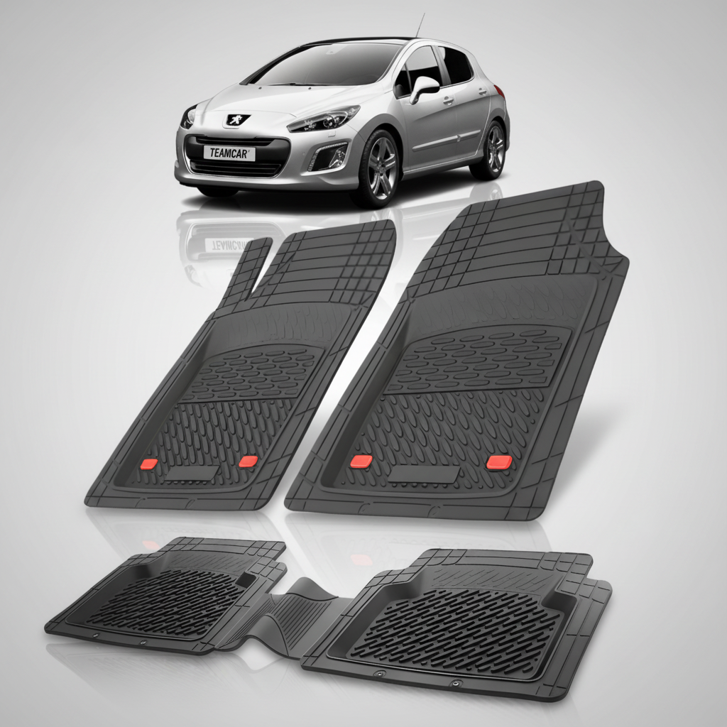 Set of black car floor mats with a Peugeot 308 car in the background.