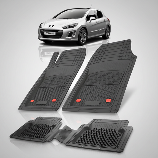 Set of black car floor mats with a Peugeot 308 car in the background.