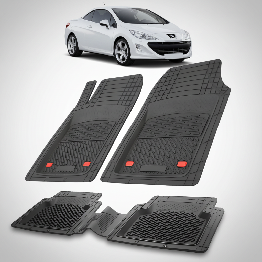 Set of black car floor mats with a white car in the background