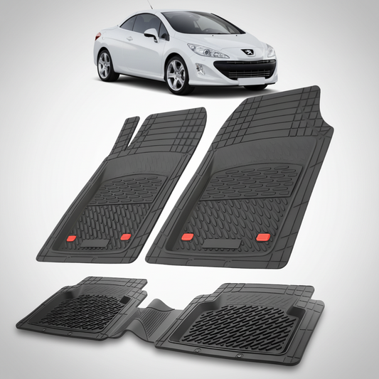 Set of black car floor mats with a white car in the background