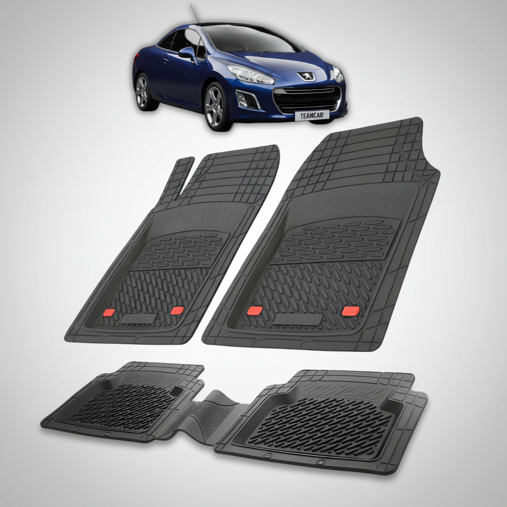 Set of black car floor mats with a blue car in the background