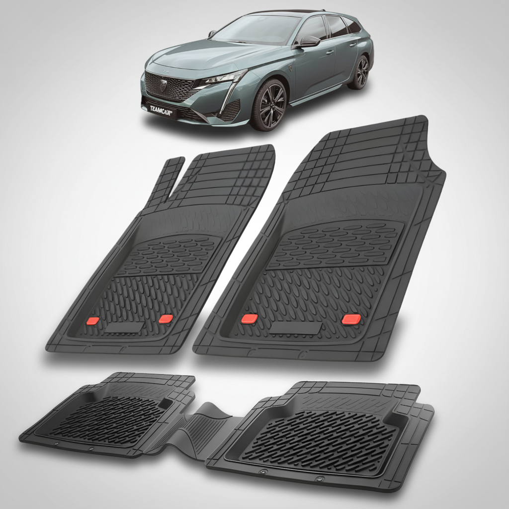Set of black car floor mats with a car in the background