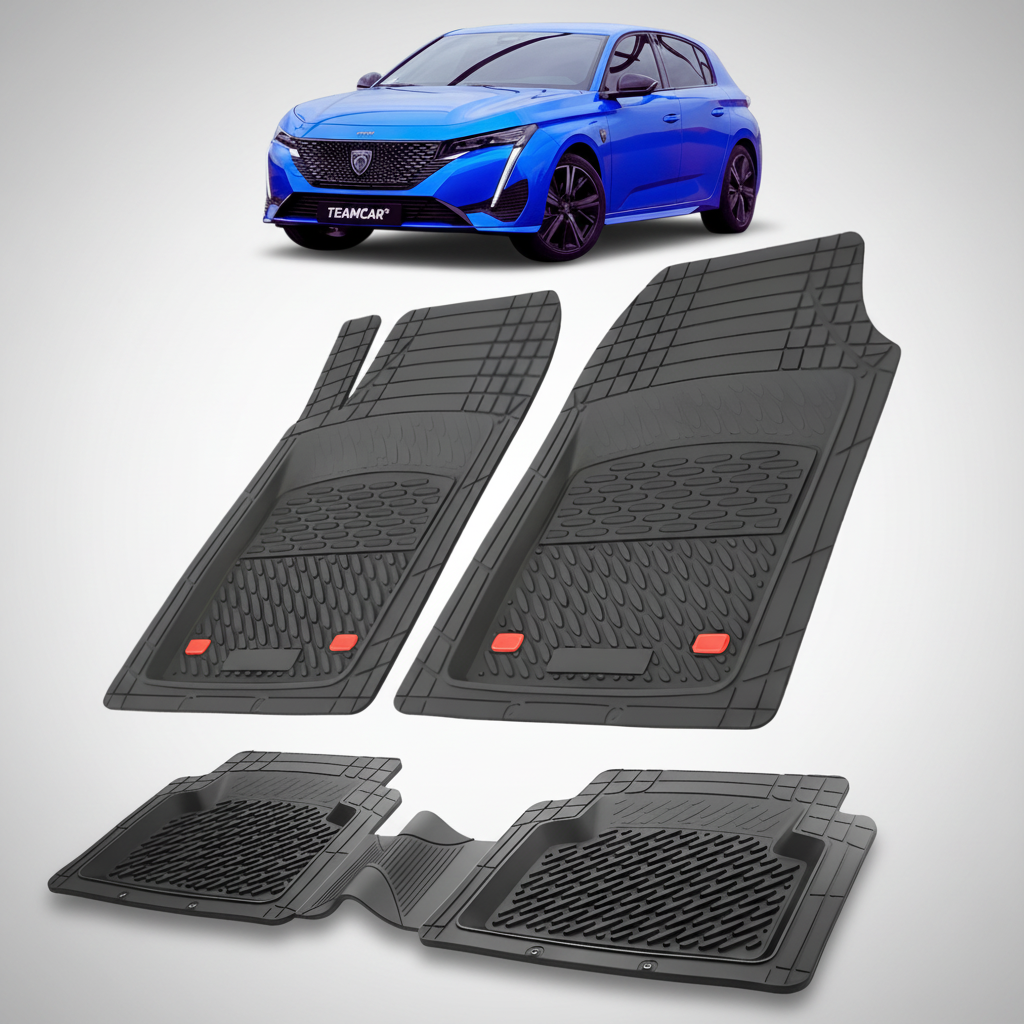 Set of black car floor mats with a blue car in the corner on a white background