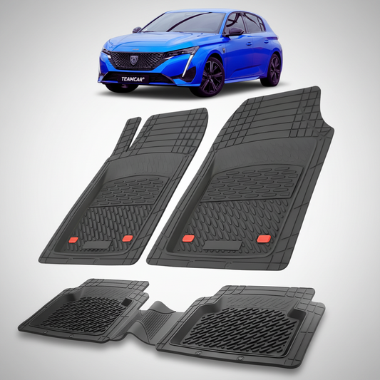 Set of black car floor mats with a blue car in the corner on a white background