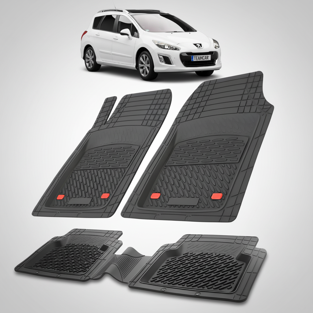 Set of black car floor mats with a white car in the background