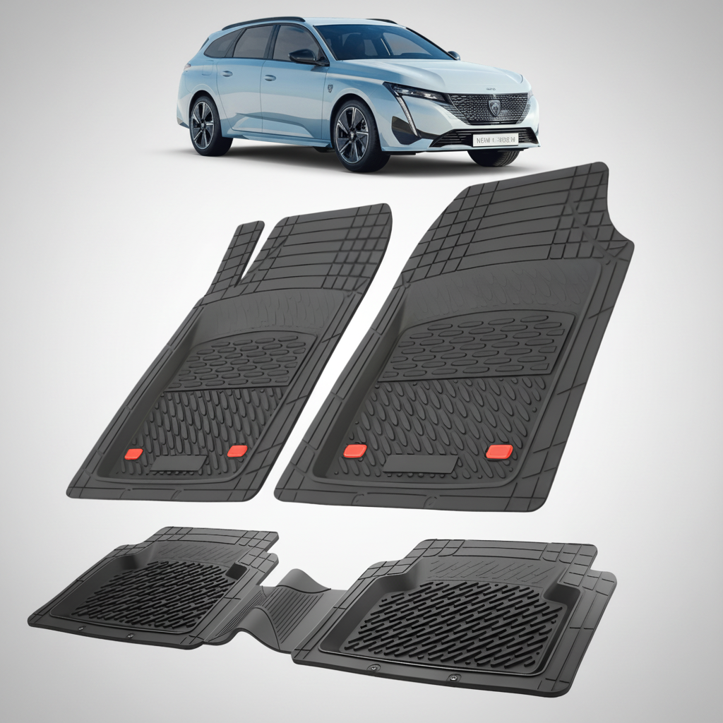 Set of black car floor mats with a car in the background