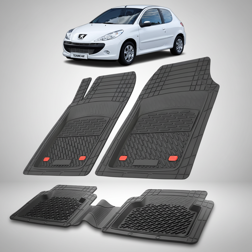 Set of black car floor mats with a white car in the background