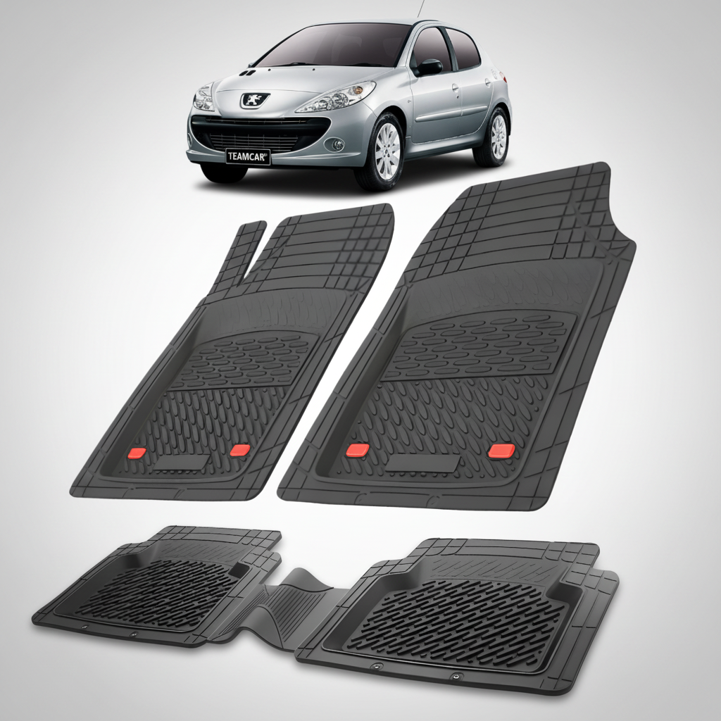Set of black car floor mats with a Peugeot car in the background