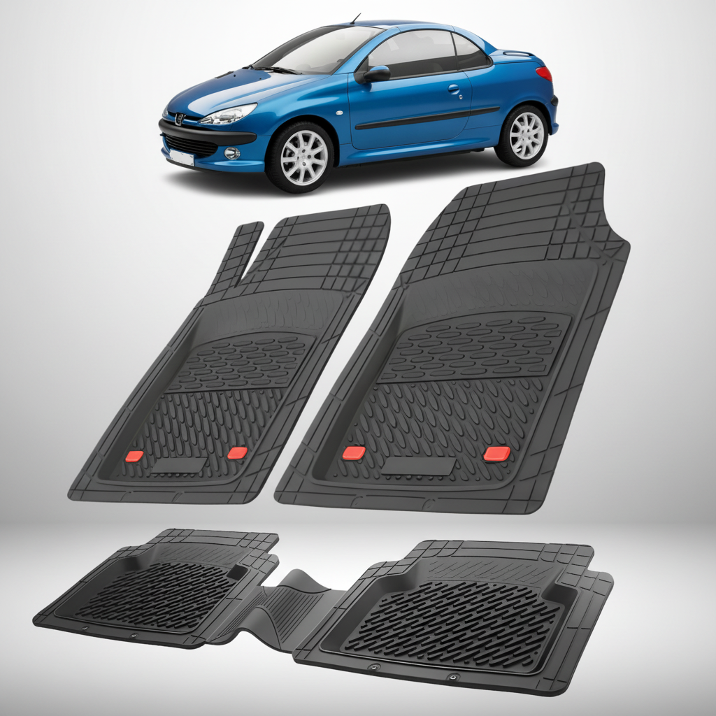 Set of black car floor mats with a blue car in the corner.