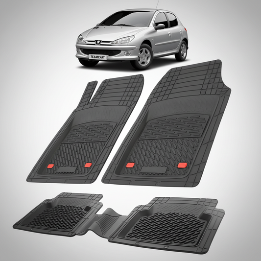Set of black car floor mats with a Peugeot 206 car model on a white background