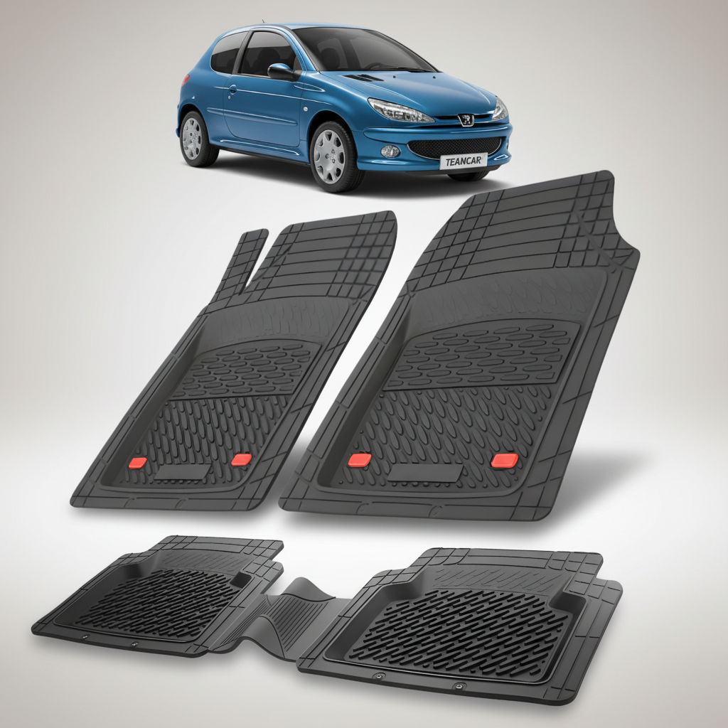 Set of black car floor mats with red accents on a white background, featuring a blue car at the top.