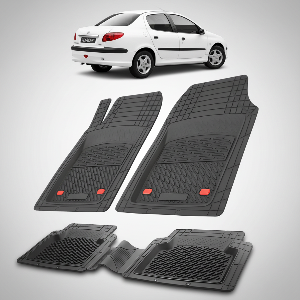 Set of black car floor mats with a white car in the background