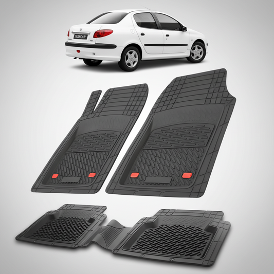Set of black car floor mats with a white car in the background