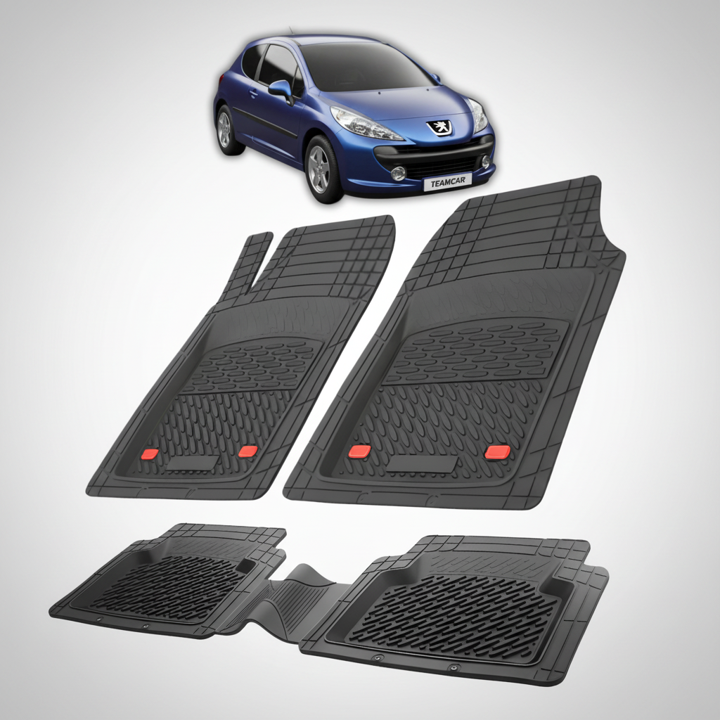 Set of black car floor mats with a blue car in the corner on a white background