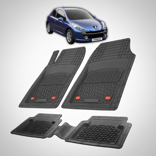 Set of black car floor mats with a blue car in the corner on a white background