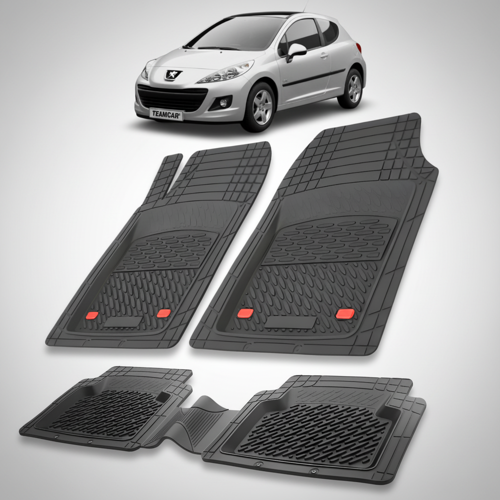 Set of black car floor mats with a white car in the background