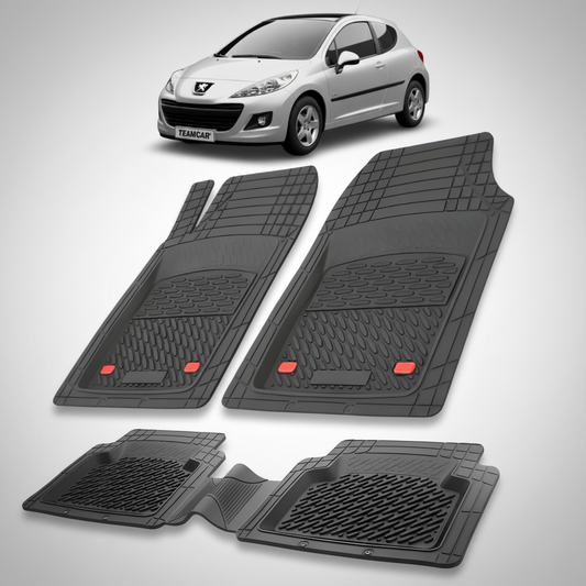 Set of black car floor mats with a white car in the background
