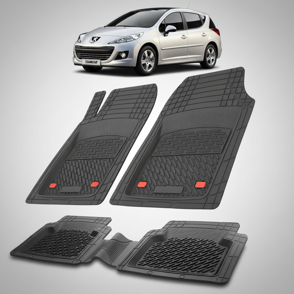 Set of black car floor mats with a white car in the background