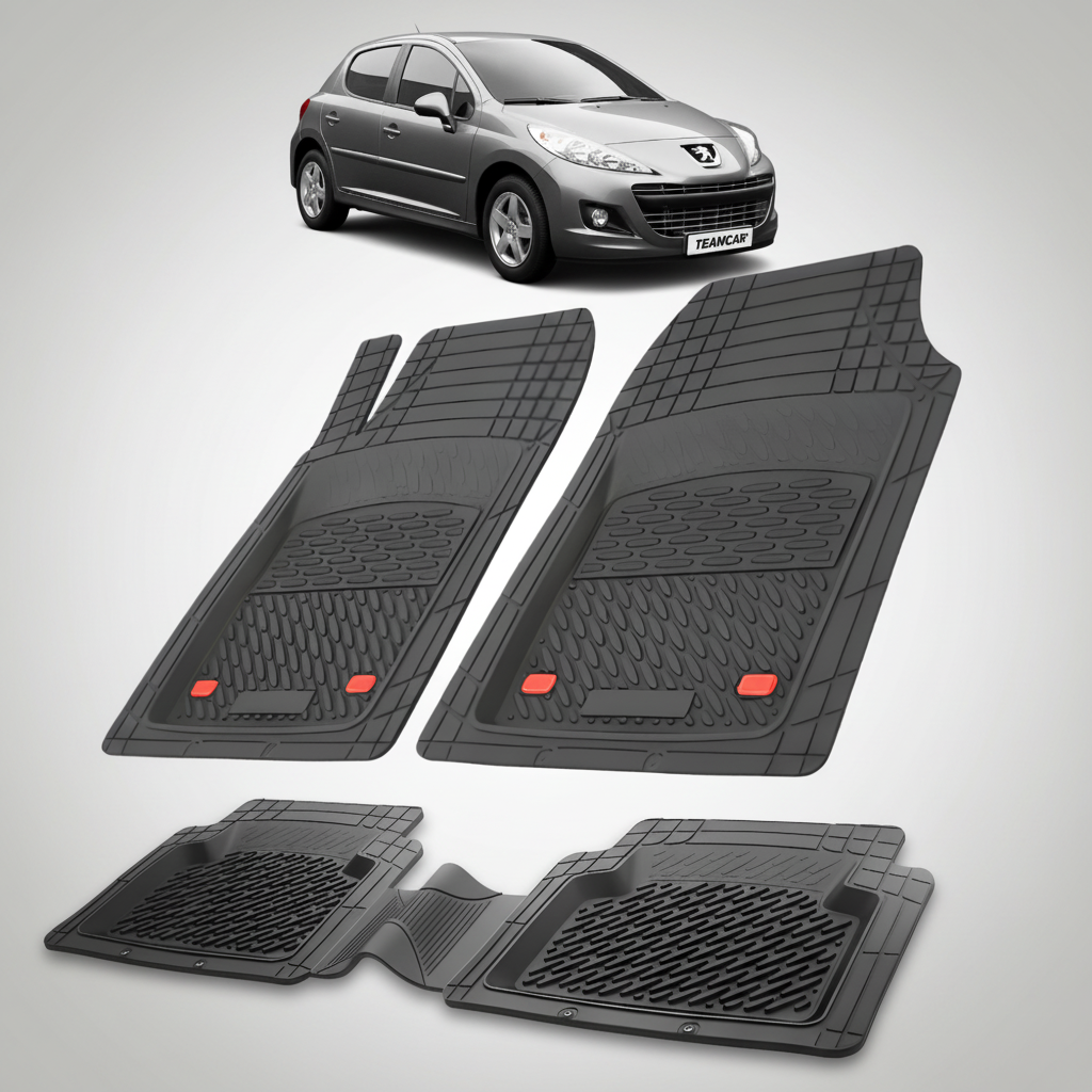 Set of black car floor mats with a small inset image of a car.