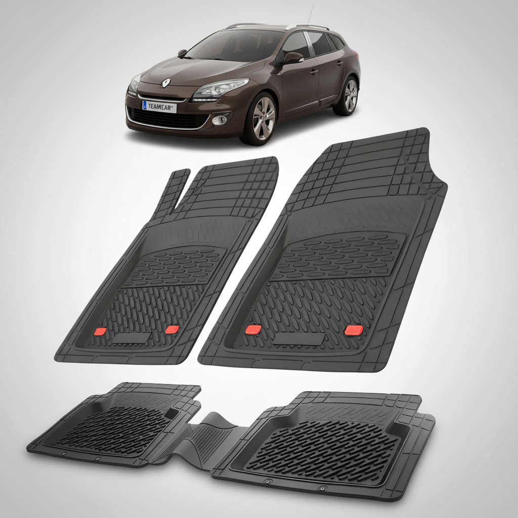 Set of black car floor mats with a car in the background