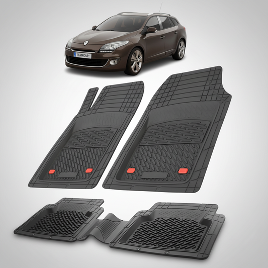 Set of black car floor mats with a car in the background