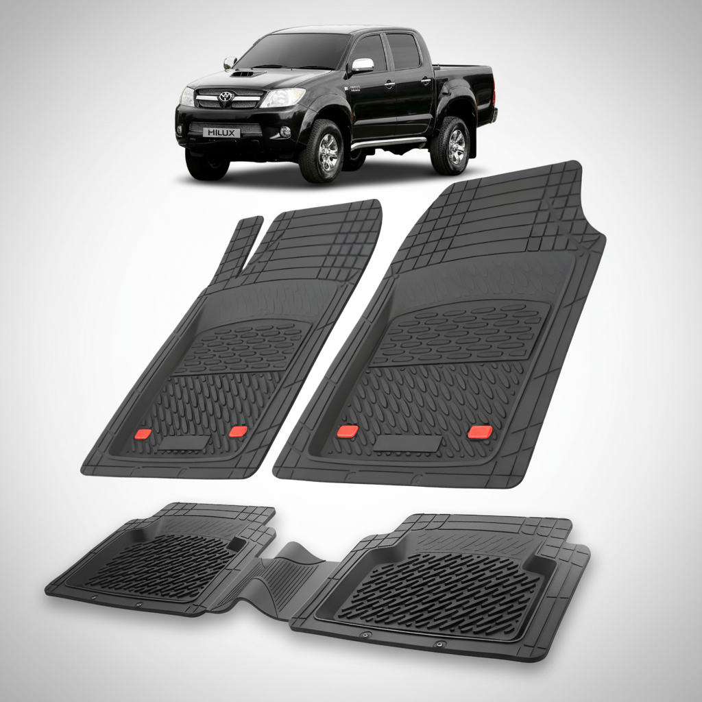 Set of black car floor mats with a Toyota Hilux in the background