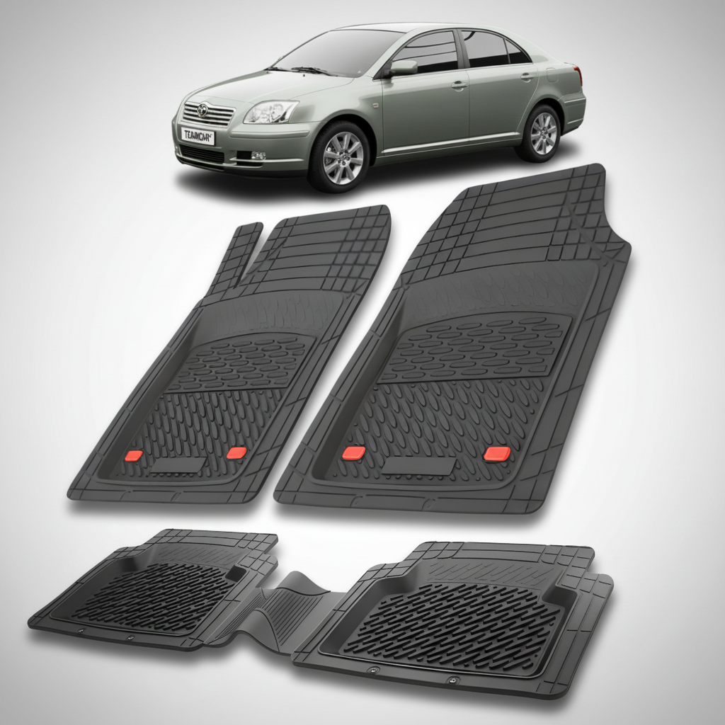 Set of black car floor mats with a silver car in the background