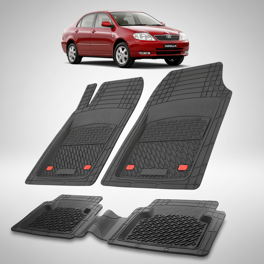 Set of black car floor mats with a red car in the background