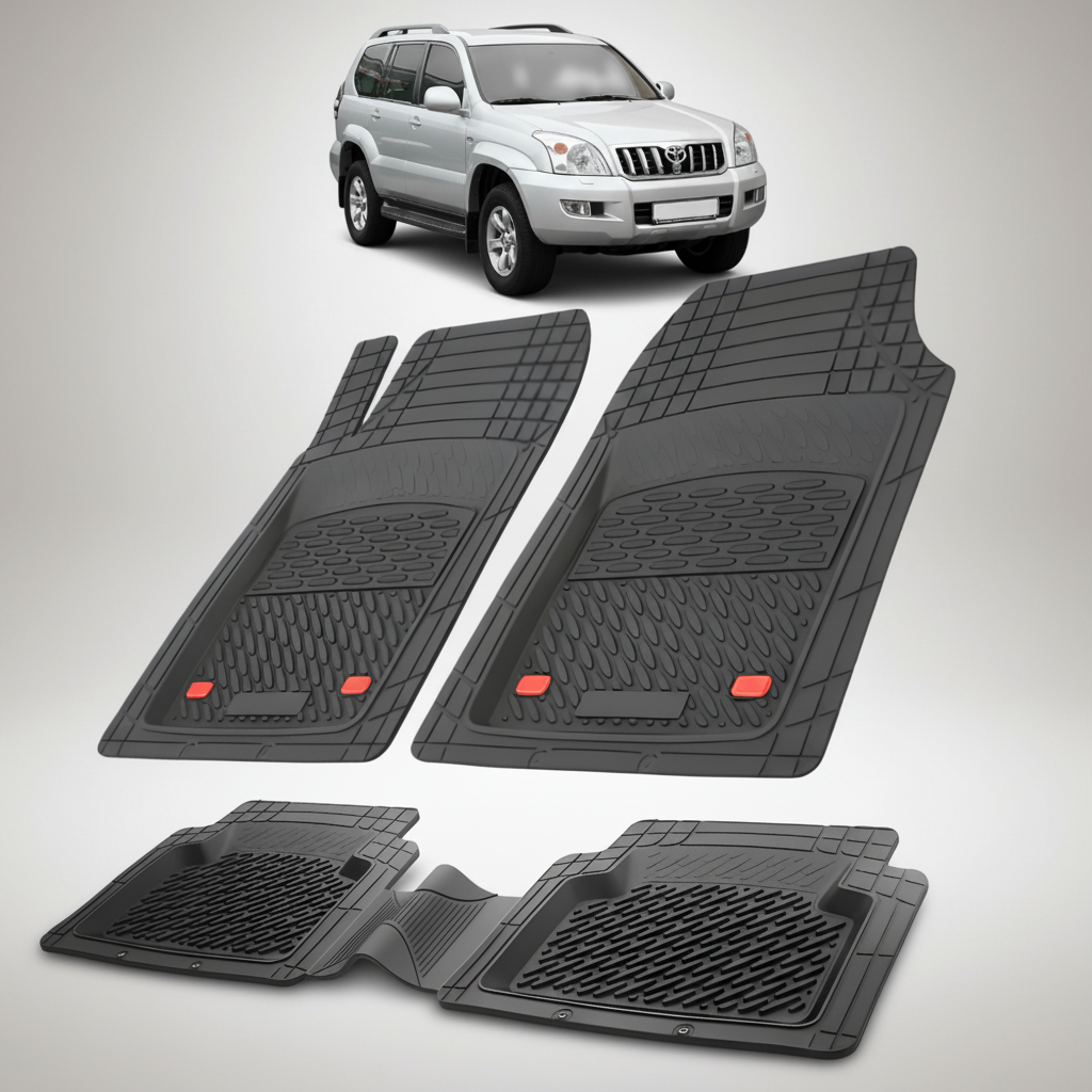 Set of black car floor mats with a white SUV in the background