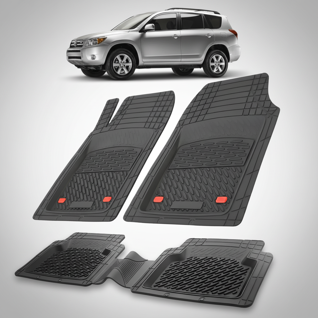 Set of black car floor mats with a silver SUV in the background
