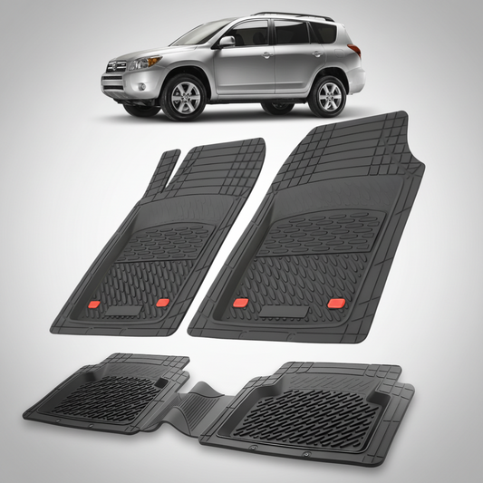 Set of black car floor mats with a silver SUV in the background