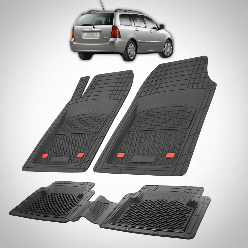 Set of black car floor mats with a silver car in the background
