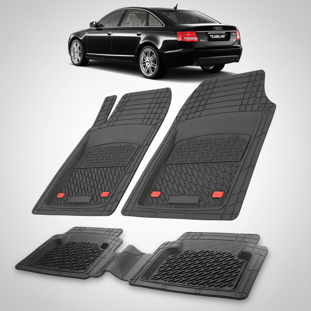 Set of black car floor mats with a black Audi car in the background.