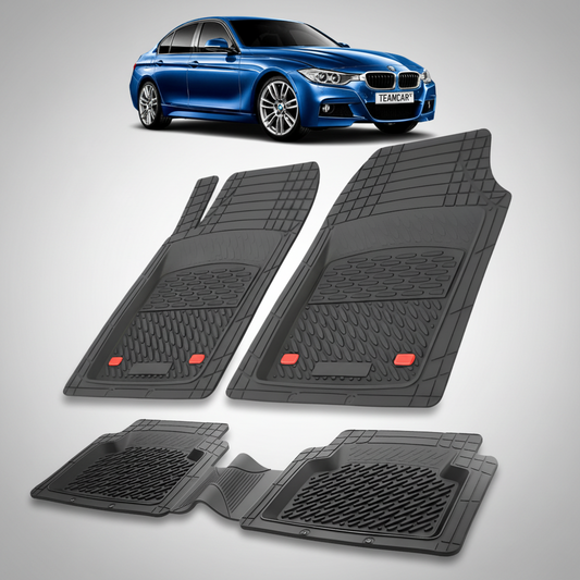 Set of black car floor mats with a blue car in the background