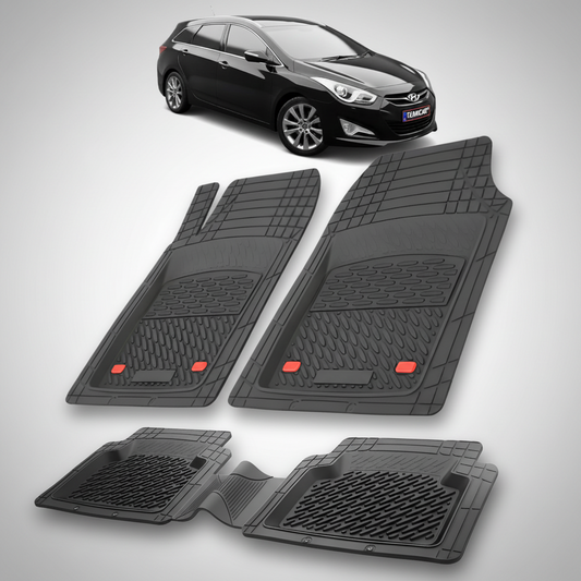 Set of black car floor mats with a car in the background