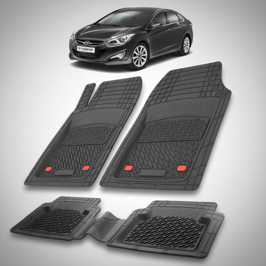 Set of black car floor mats with a Hyundai car in the background