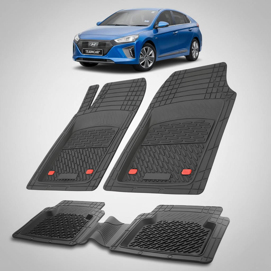 Set of black car floor mats with a blue Hyundai car in the background