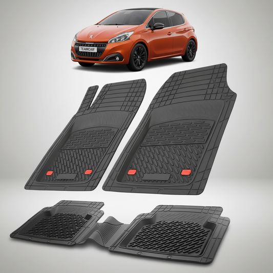 Set of black car floor mats with a small inset of an orange car.