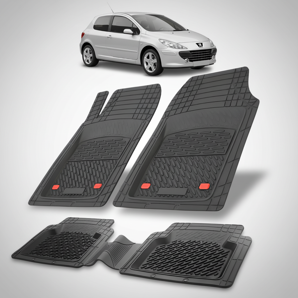 Set of black car floor mats with a white car in the background