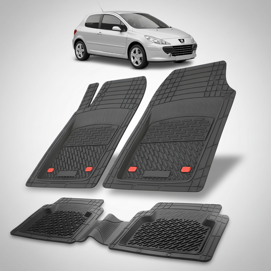 Set of black car floor mats with a white car in the background