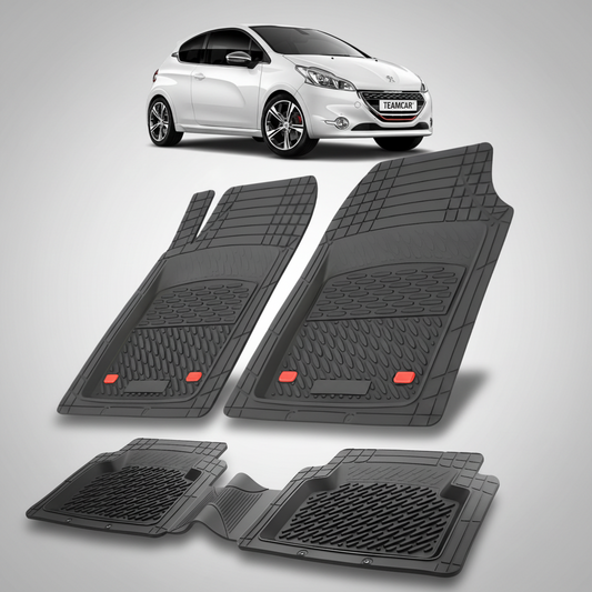 Set of black car floor mats with a white car in the background