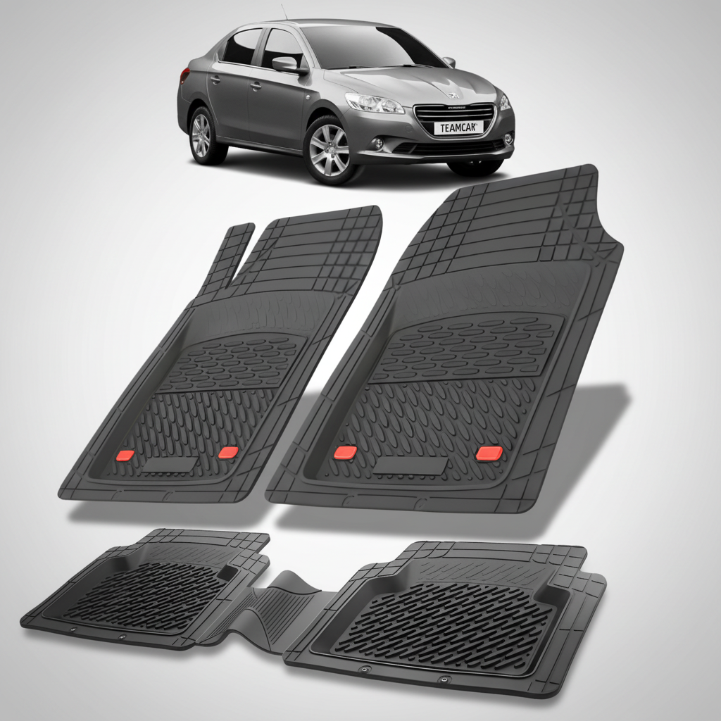 Set of black car floor mats with a small car image at the top.