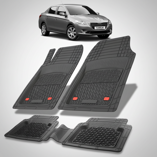 Set of black car floor mats with a small car image at the top.