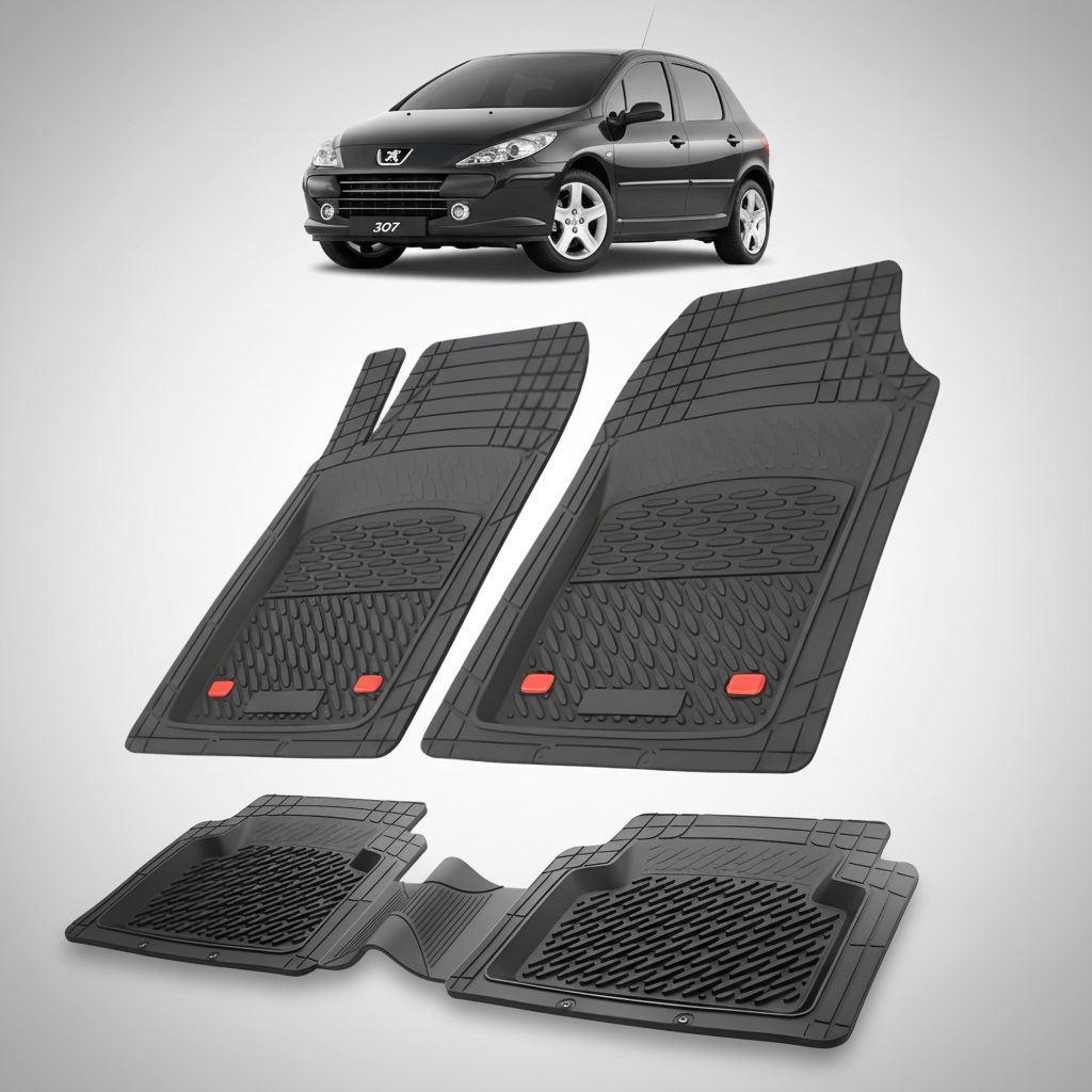 Set of black car floor mats with a small inset of a car.