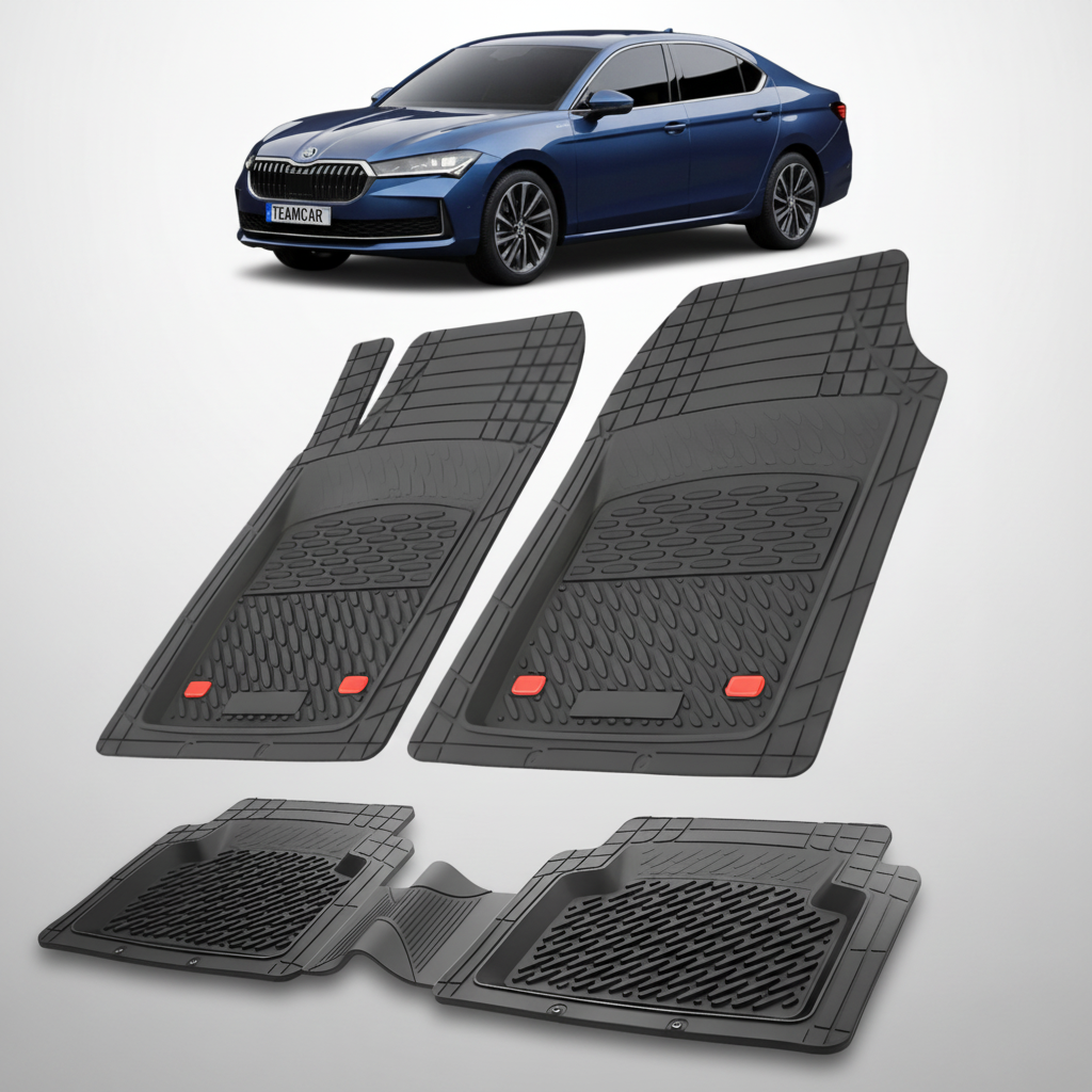 Set of black car floor mats with a blue car in the background
