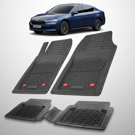 Set of black car floor mats with a blue car in the background
