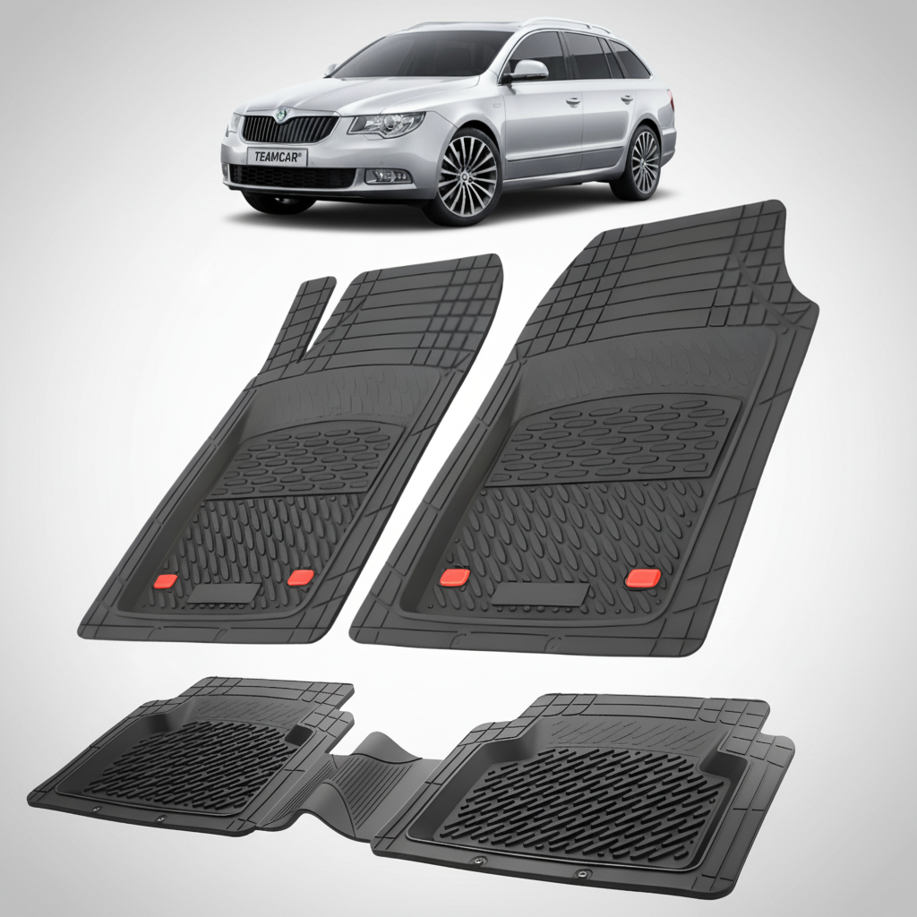Set of black car floor mats with a white car in the background