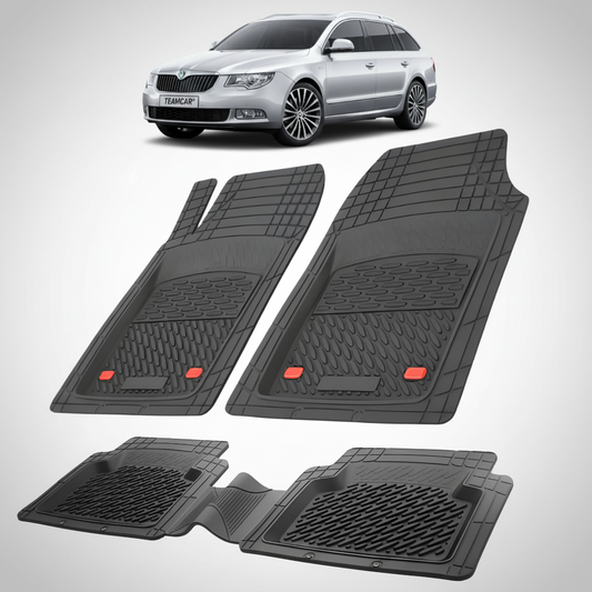Set of black car floor mats with a white car in the background