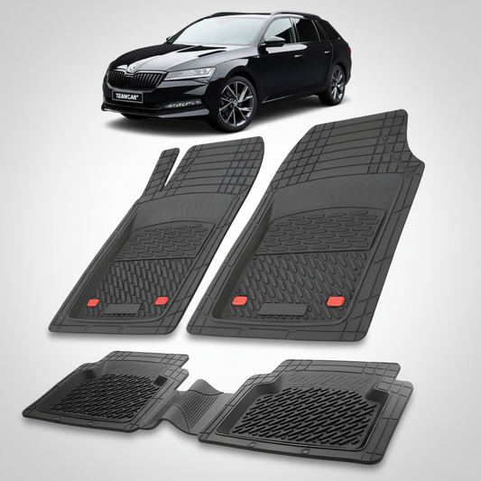 Set of black car floor mats with a car in the background
