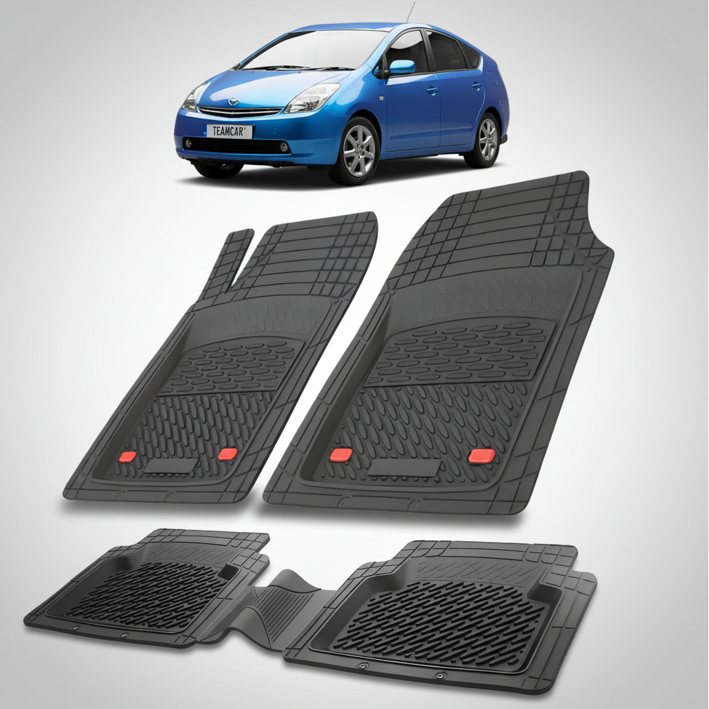 Set of black car mats with red accents on a white background, featuring a blue car at the top.
